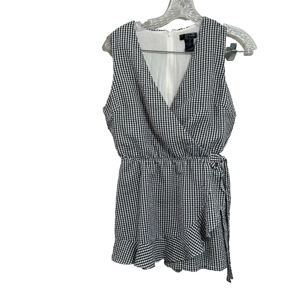 Aqua Seersucker Black and White Check Wrap Front Romper Large